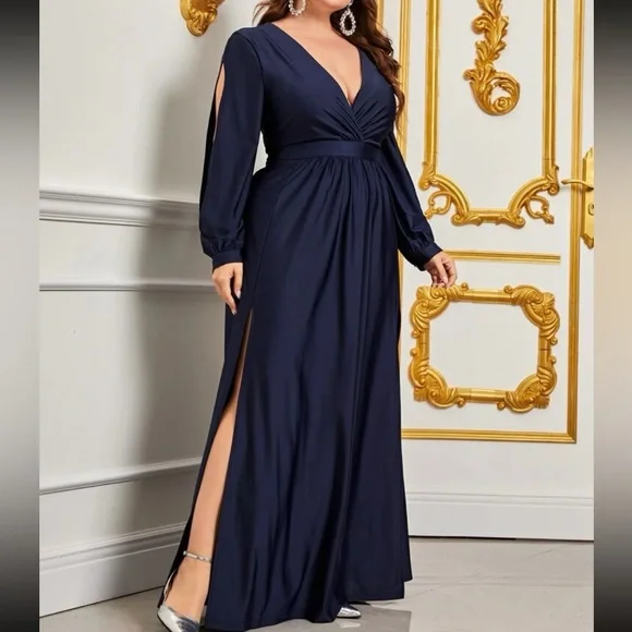 Luxe plus size bishop sleeve slit thigh party formal evening prom wedding dress - Picture 4 of 6